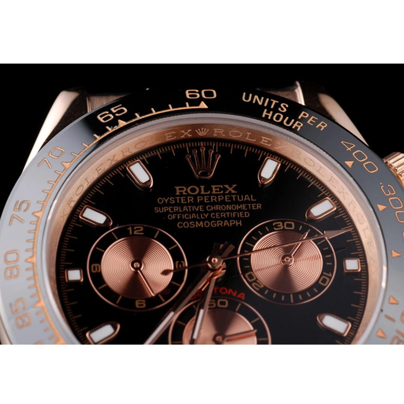 Aaa replica Gold Rose Rolex Black Leather Black Case Daytona Dial Strap 0706